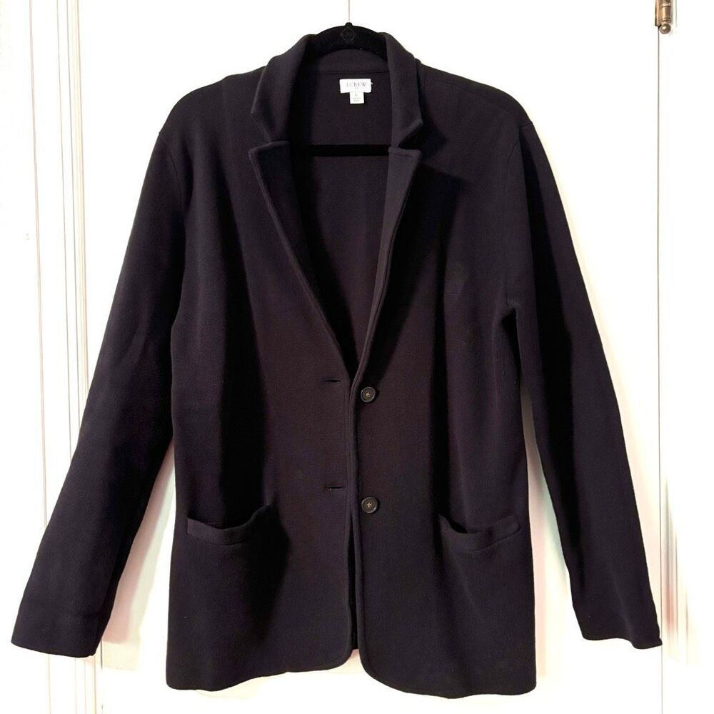 J.Crew L classic black cotton sweater blazer front patch pockets notch lapel two